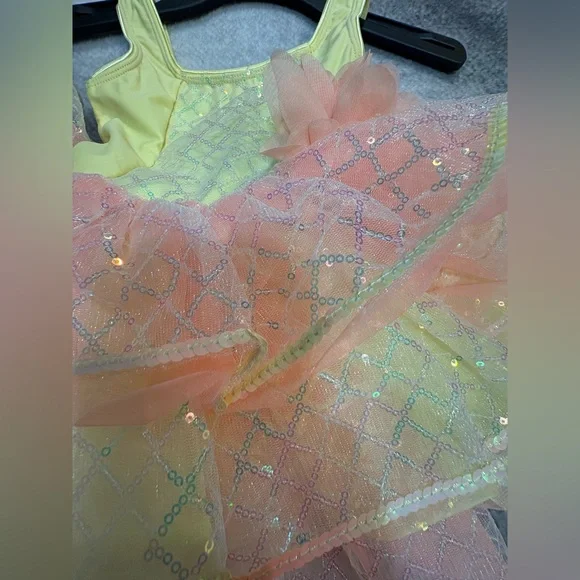 Revolution Dancewear Girl’s Yellow Peach Mesh Sequin Ruffle Costume Dress SC - Picture 9 of 9